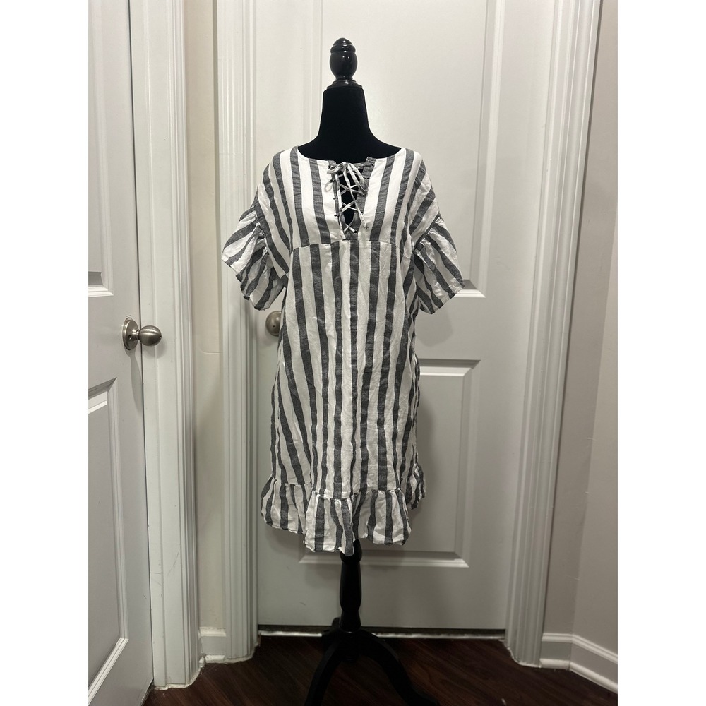 WHO WHAT WEAR Striped Lace Up Ruffle Hem Mini Dress Women's Size L